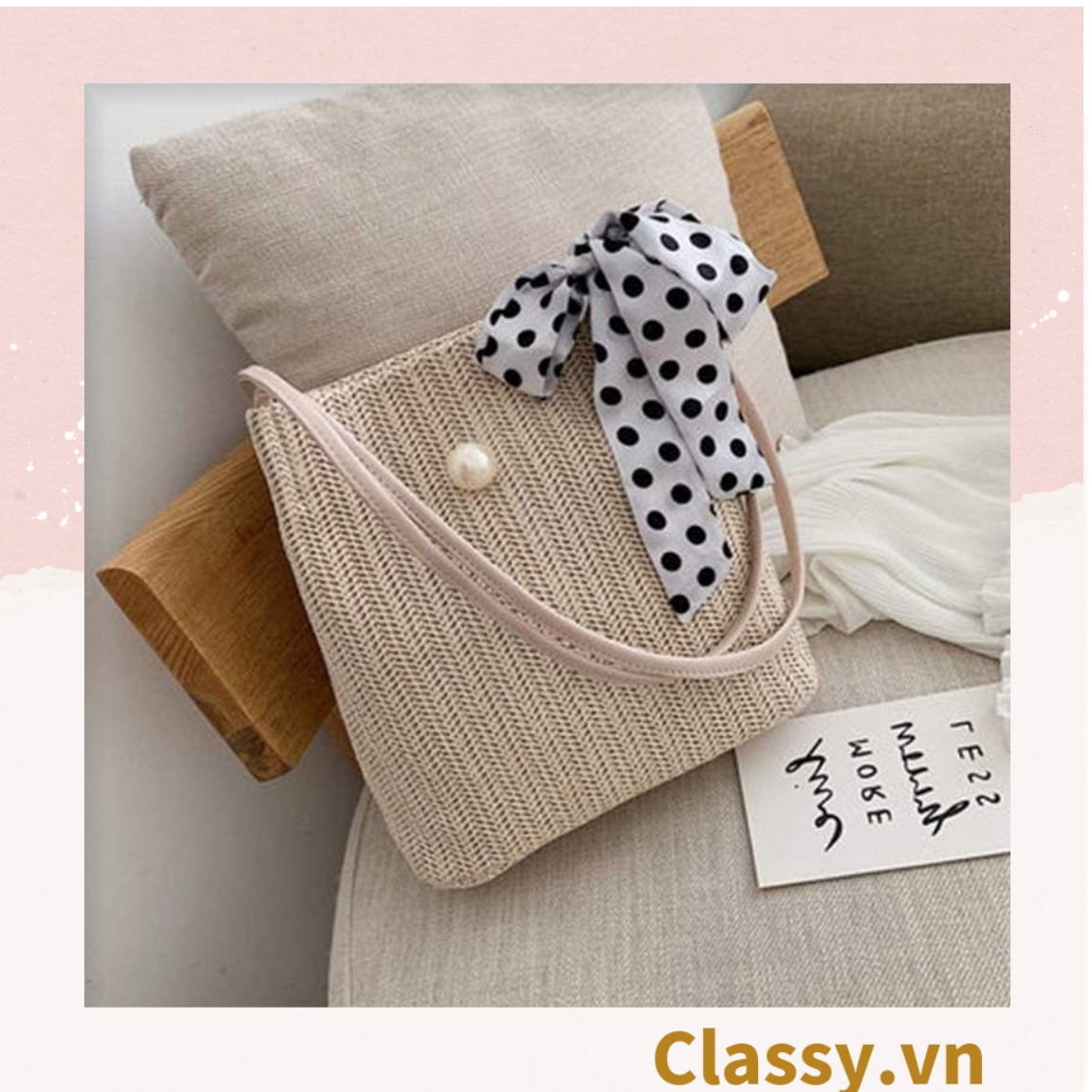 Túi cói đeo vai tối giản - Màu vàng nhạt - thích hợp đi biển, dạo phố T672