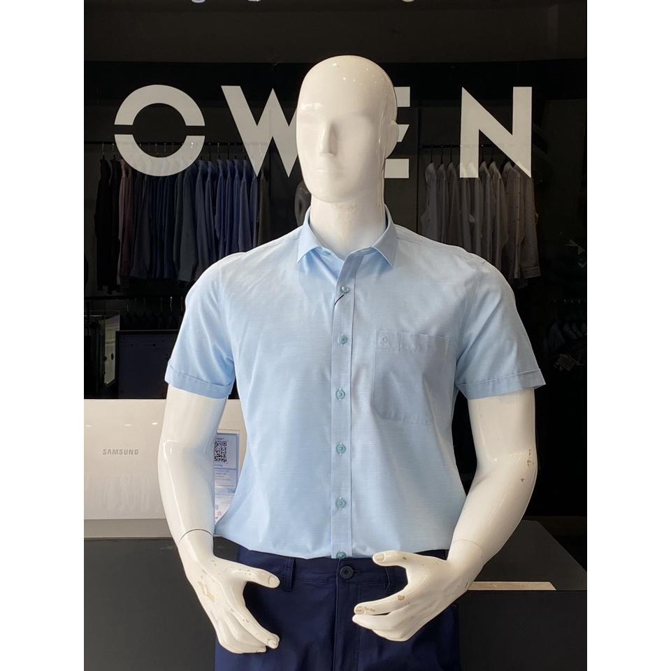 OWEN - Áo Sơ mi ngắn tay Owen vạt ngang chất sợi tre kẻ ca rô nhỏ màu xanh nhạt 230122