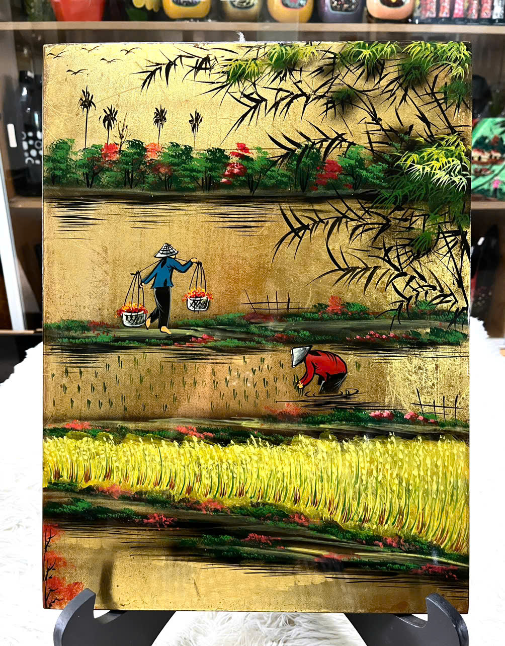 Tranh sơn mài phong cảnh, đồng quê, sông nước nền dát vàng/ bạc, hàng xuất khẩu size 30x40 cm