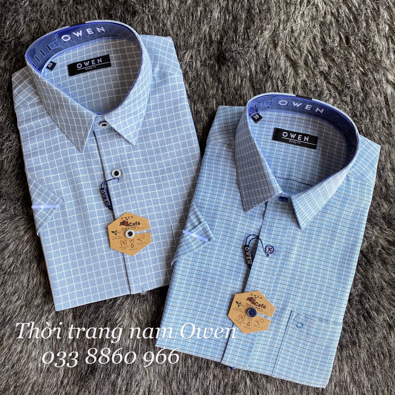 OWEN - Áo Sơ mi ngắn tay Owen vạt ngang chất CAFE không nhăn kẻ ô nhỏ 220109 220102