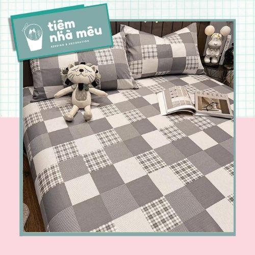 Bộ Chăn Ga Gối Cotton Livingm6/m8/2m-Tiệm Nhà MêuSet 4 Món 2 Vỏ gối ,drap , vỏ chăn Cotton 100% Caro Xám