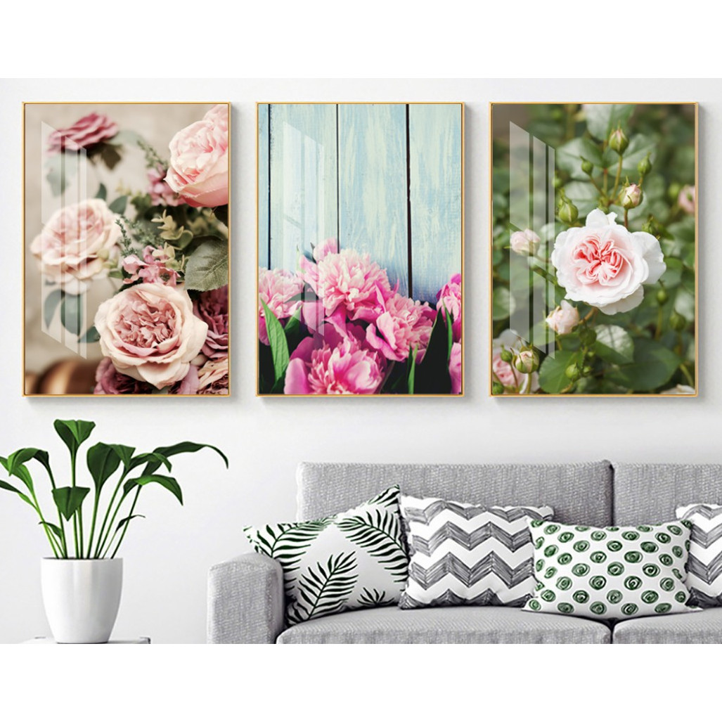 Bộ tranh 3 Bức - Tranh treo tường phòng khách- Tranh Hoa 3D Hiện Đại H 60086/Gỗ MDF cao cấp phủ kim sa/ Chống ẩm mốc, mối mọt/Bo viền góc tròn