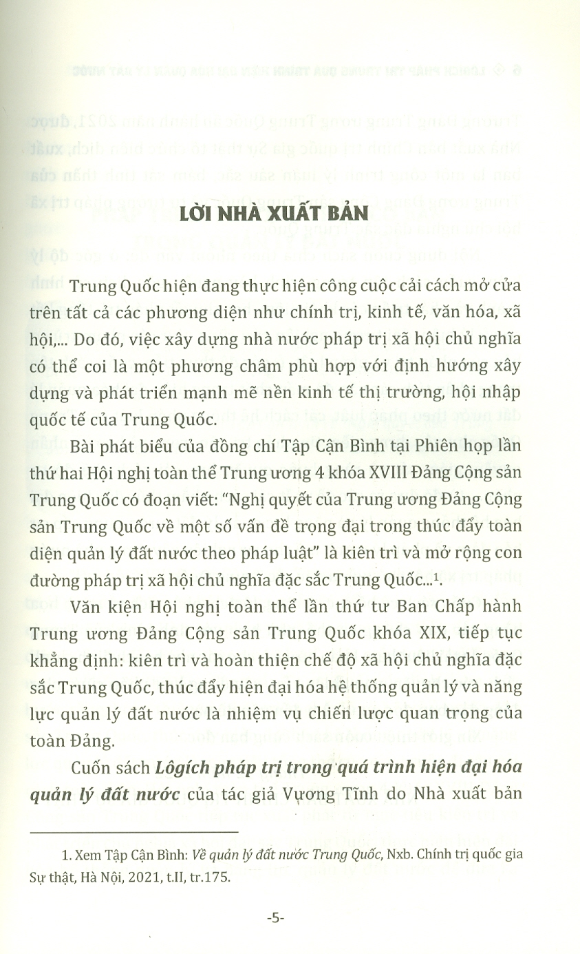 LÔGÍCH PHÁP TRỊ TRONG QUÁ TRÌNH HIỆN ĐẠI HÓA QUẢN LÝ ĐẤT NƯỚC - Vương Tĩnh - Vũ Thị Thìn dịch - Nxb Chính trị Quốc gia Sự thật – bìa mềm