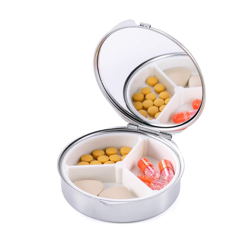 3 mảnh hộp kim loại tròn tròn, hộp thuốc nhỏ 3 ngăn du lịch di động mô hình cổ điển với gương vitamins y học trường hợp tổ chức máy tính bảng cho hàng ngày và chuyến đi