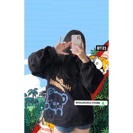 ÁO HOODIE CÓ MŨ FORM RỘNG MÀU ĐEN HÌNH GẤU GOOD MORNING