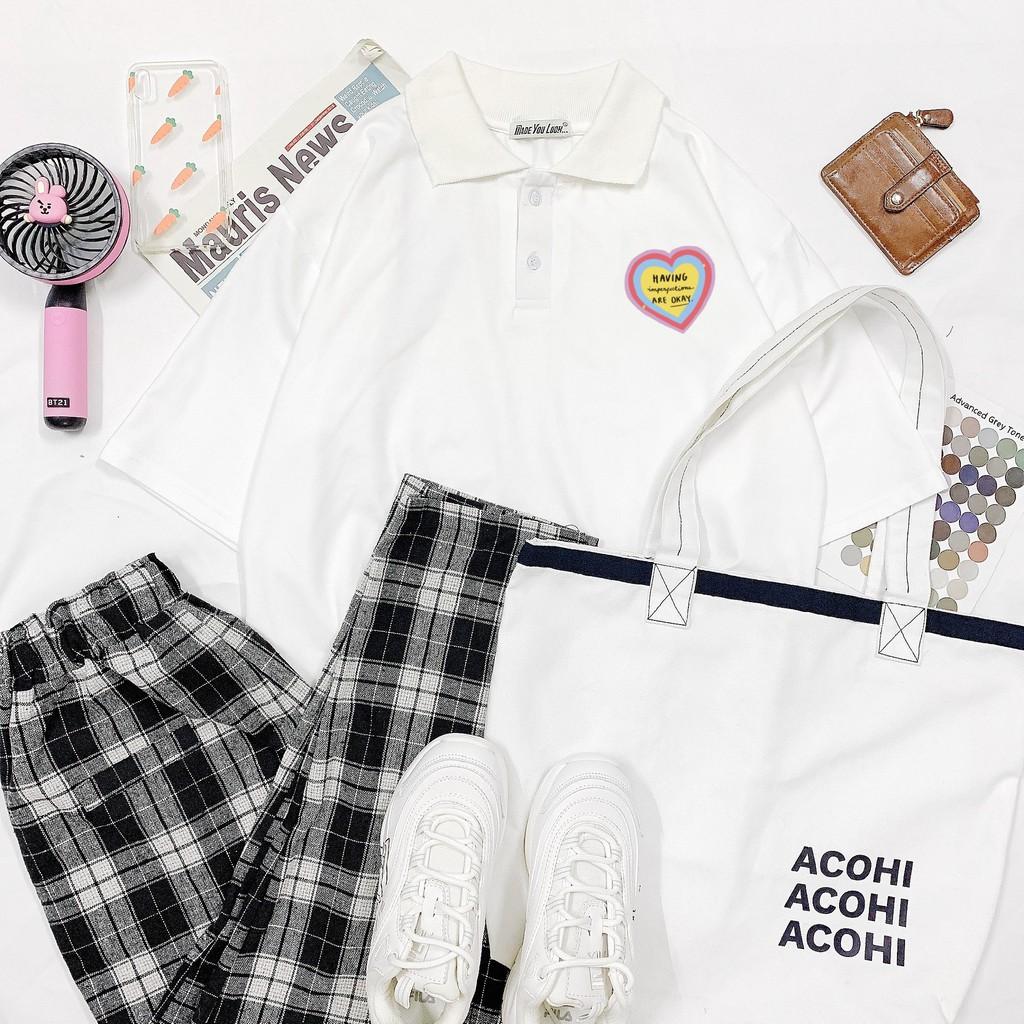 Polo áo thun có cổ tay lỡ in TRÁI TIM HAVING form rộng ulzzang couple nam nữ UNISEX