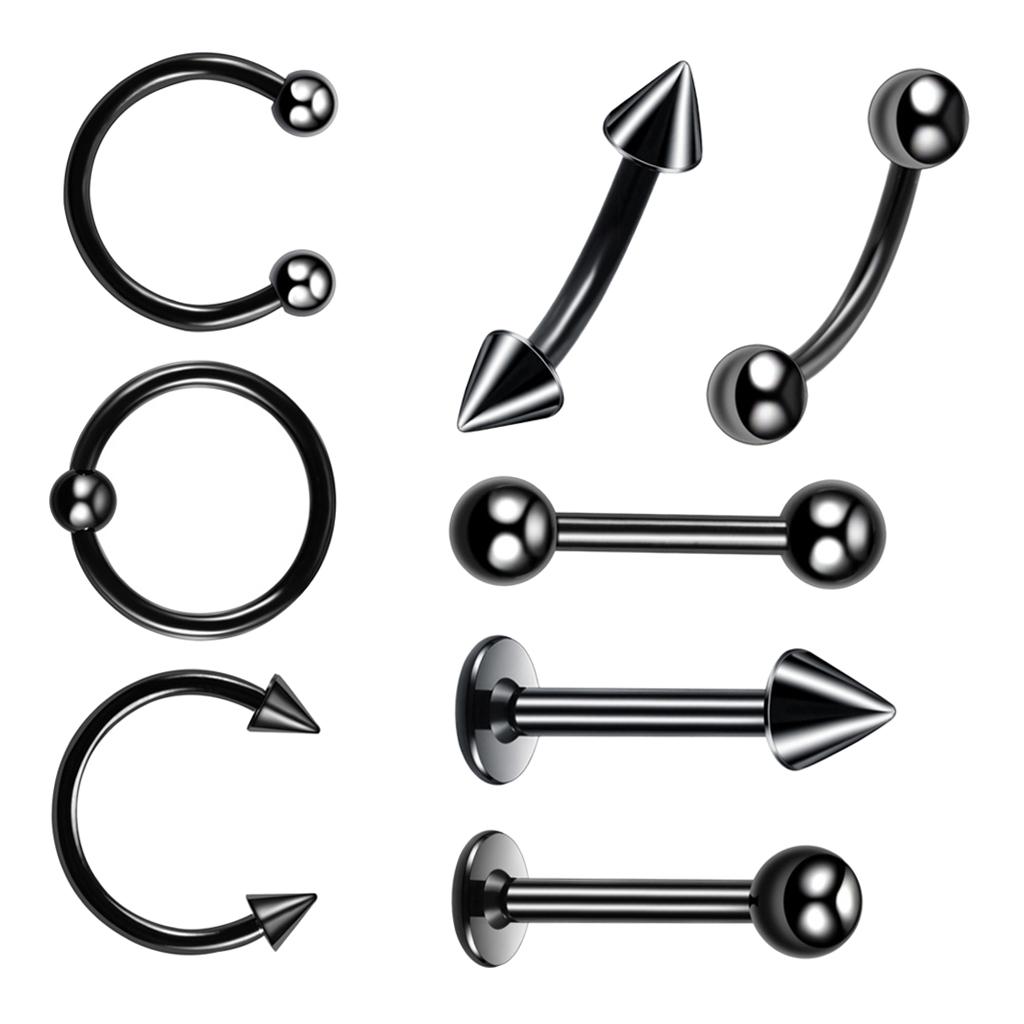 8 Pieces Black Nose Lip Tongue Studs Eyebrow Tragus Ring Piercings 16g 6mm