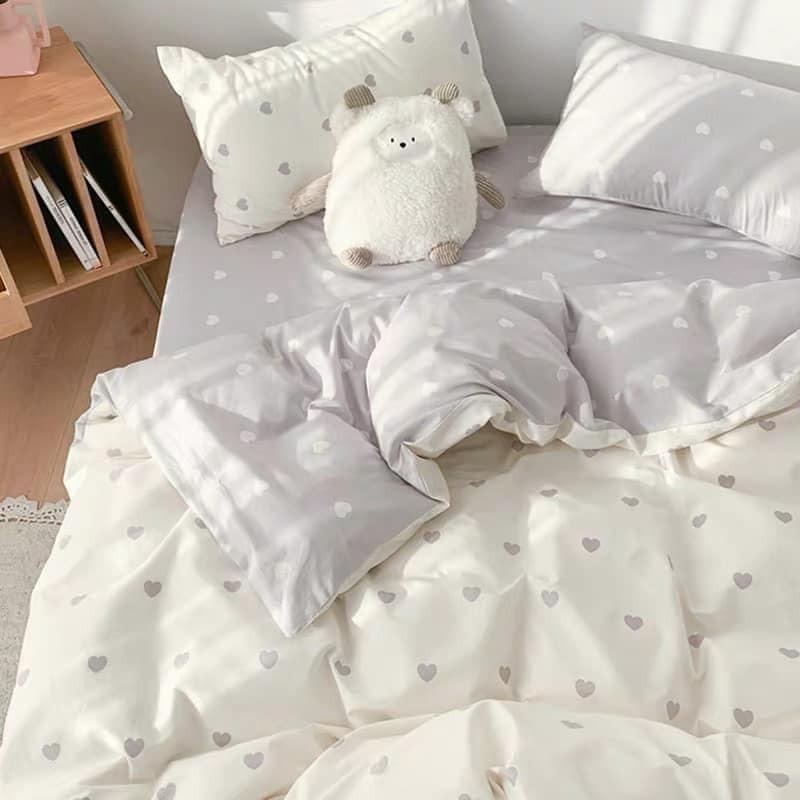 Bộ Chăn Ga Gối Cotton Poly Tim Trắng Phối Ghi
