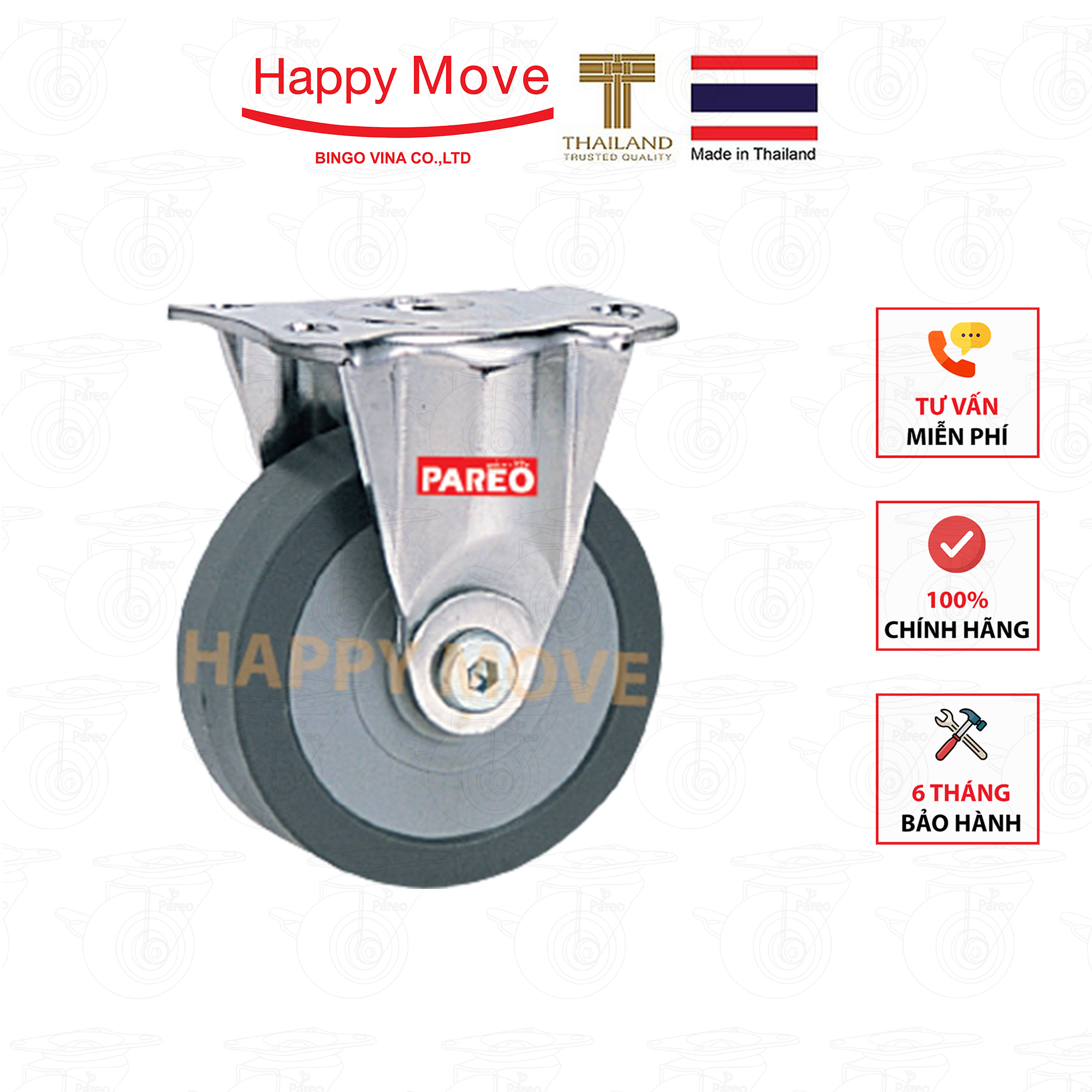 Bánh xe đẩy cao su tổng hợp xám tải nhẹ càng cố định - 50-65-75mm - Happy Move Thái Lan