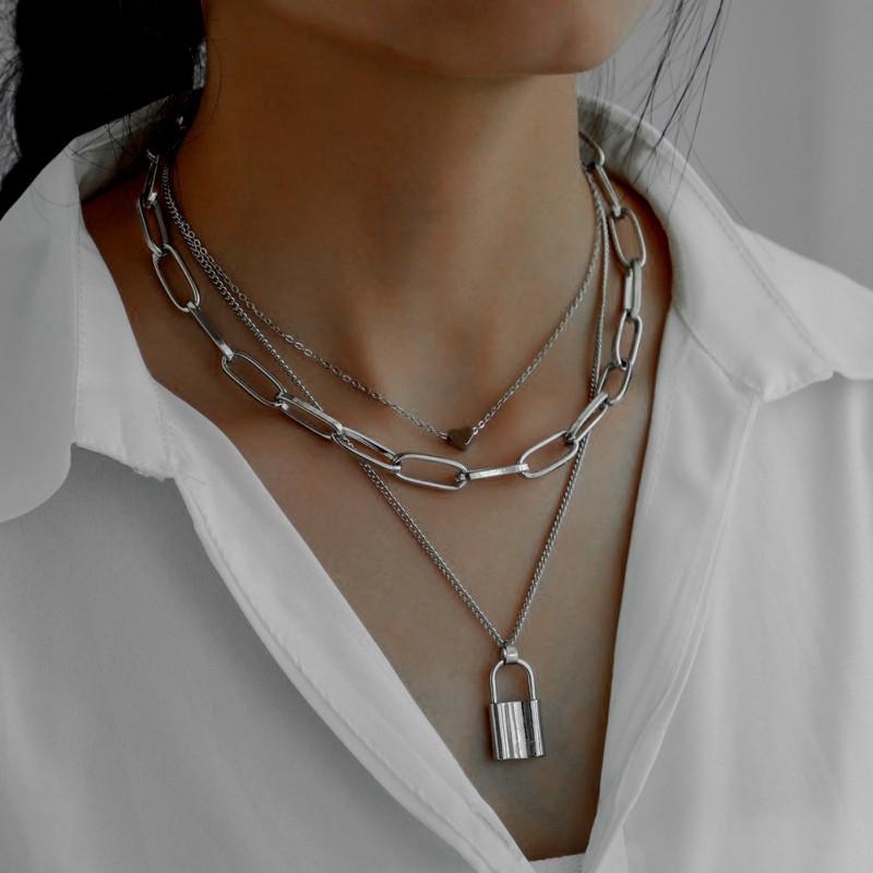 Dây chuyền ba lớp mặt dây hình ổ khóa và trái tim hợp thời trang cho nữ