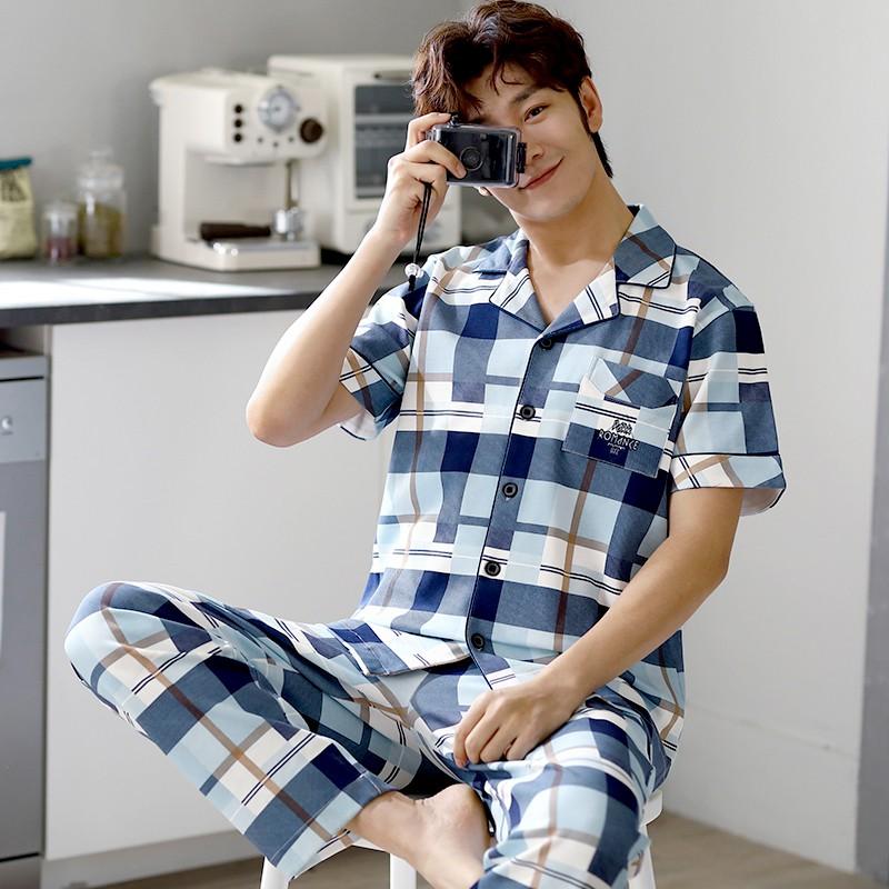 Đồ bộ Pijama cộc tay họa tiết sọc Caro style Hàn Quốc-Đồ bộ nam vải COTTON 100% dày dặn & thông thoáng