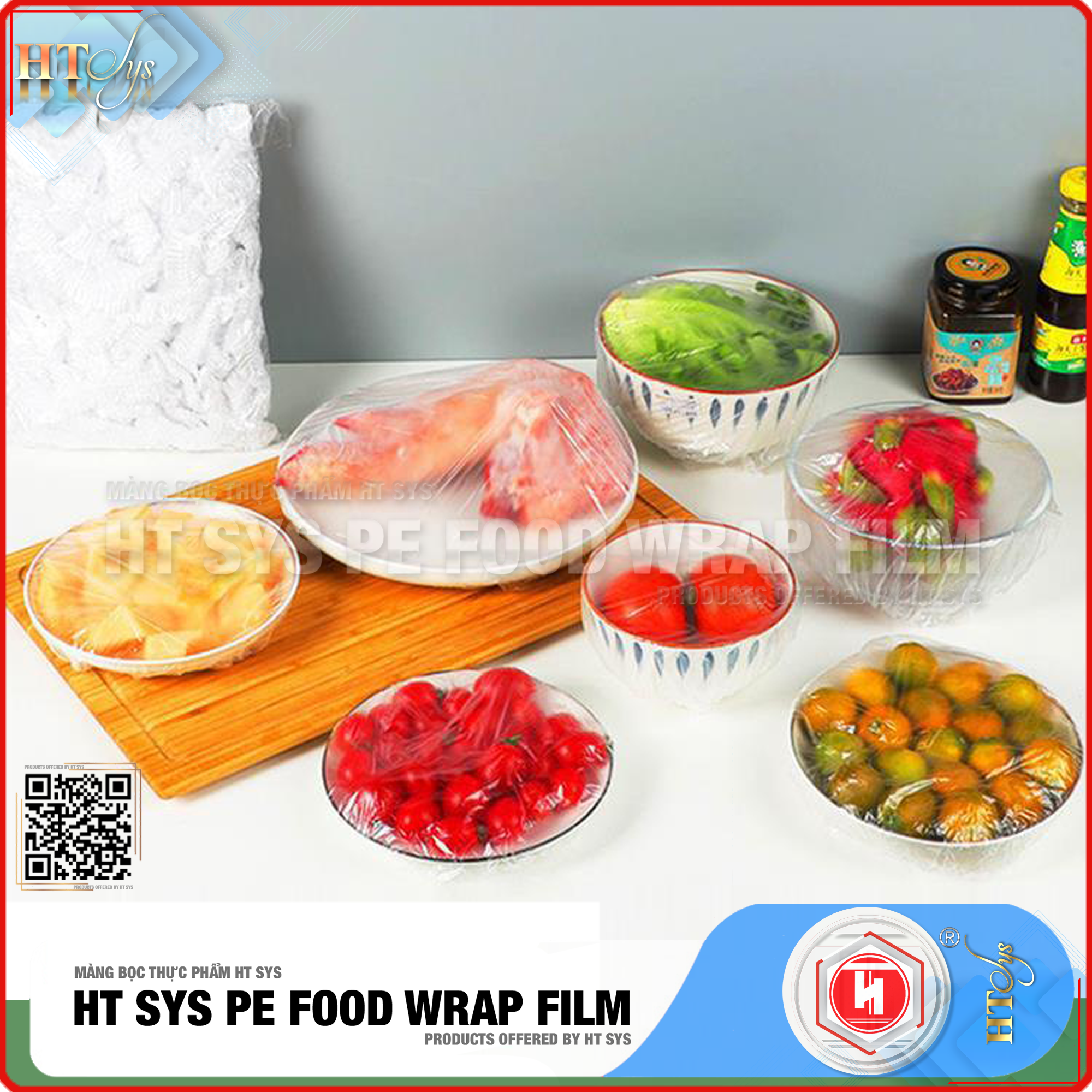 Màng Bọc Thực Phẩm HT SYS PE FOOD WRAP FILM - Chất Liệu PE Cao Cấp - Có Chun Co Giãn - Tái Sử Dụng Nhiều Lần - An Toàn Vệ Sinh - Gói 100 Chiếc Tặng Kèm Túi Đựng Và Móc Dán Đa Năng