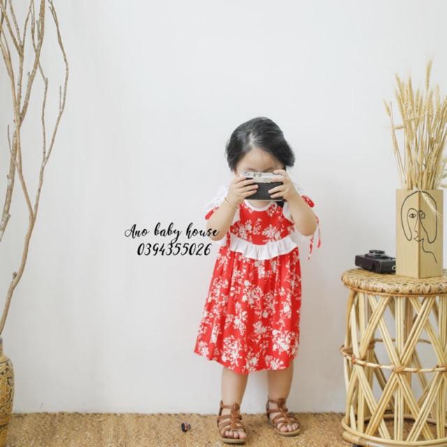 ĐẦM HOA ĐỎ TAY NGẮN PHỐI TRẮNG