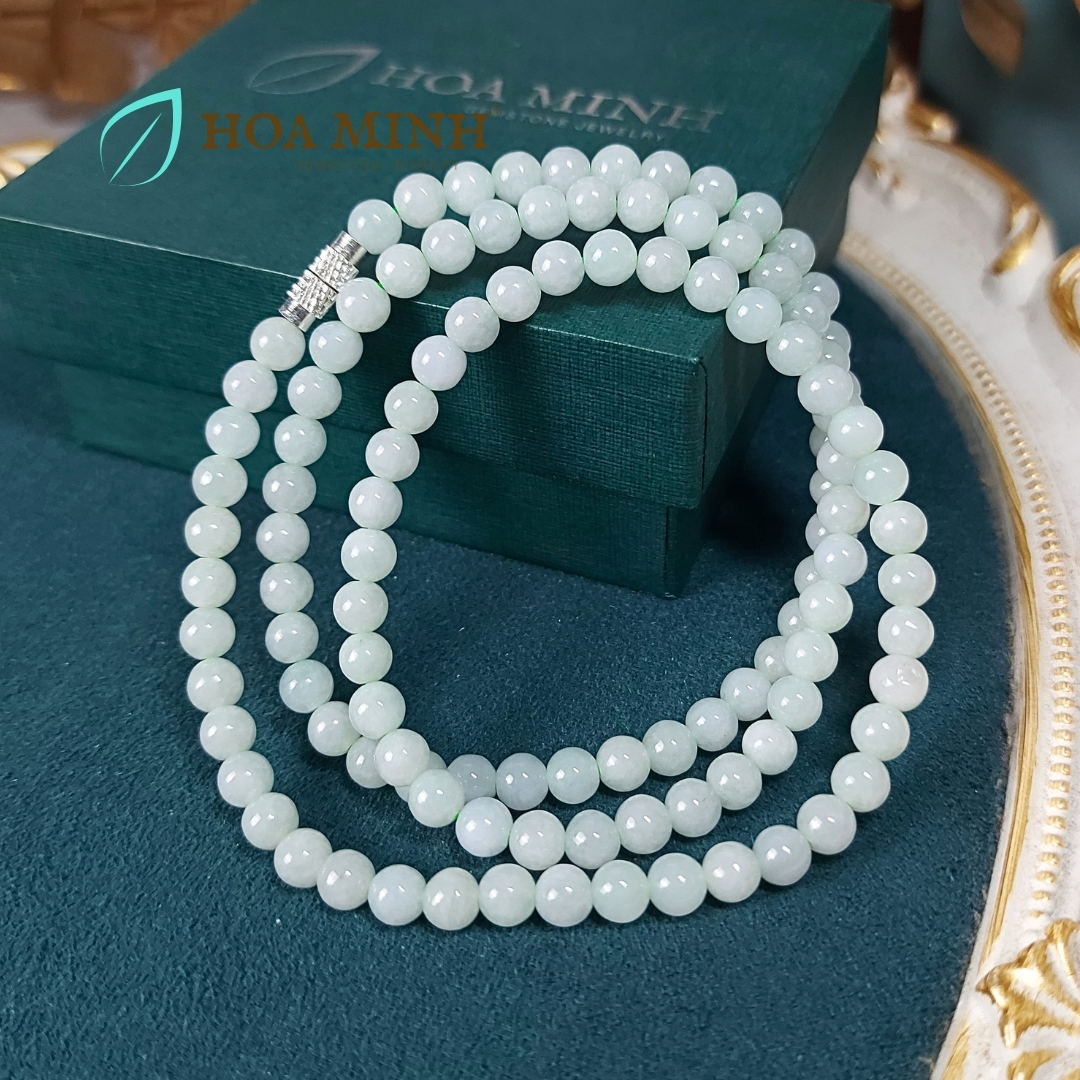 Vòng cổ 108 hạt ngọc Cẩm Thạch A xanh táo size hạt 5.5 li (có thể đeo thành vòng tay) VIP, trong bóng | Hoa Minh Gem