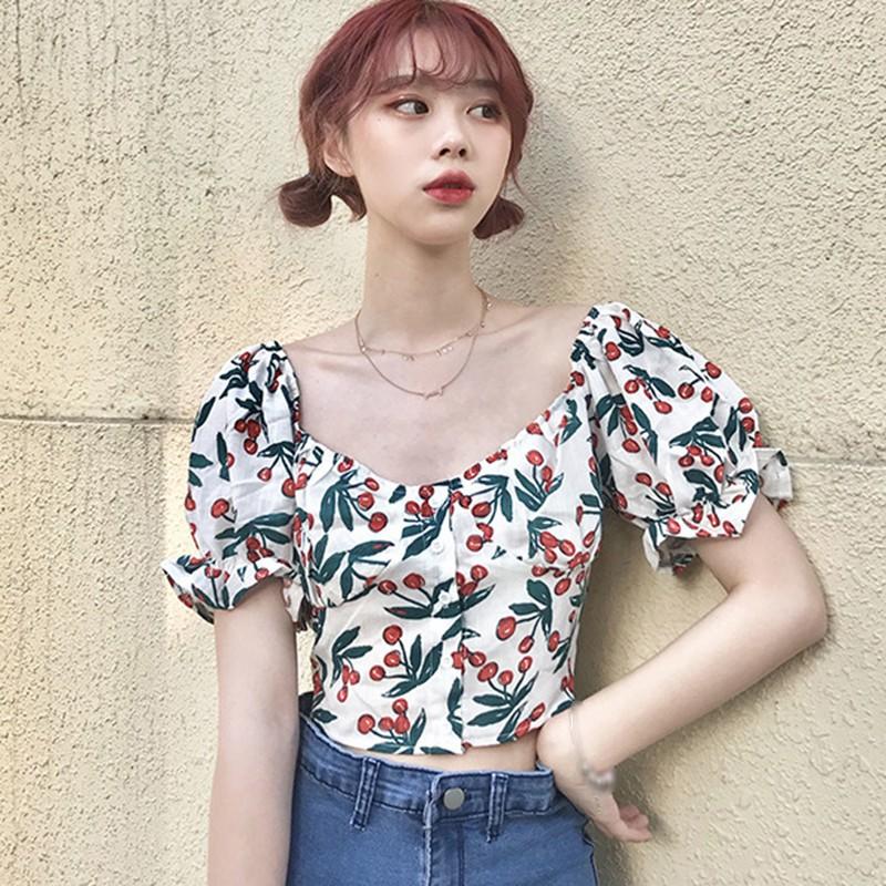 Áo Kiểu Tay Phồng Cổ Vuông Hoạ Tiết Hoa Phong Cách Vintage