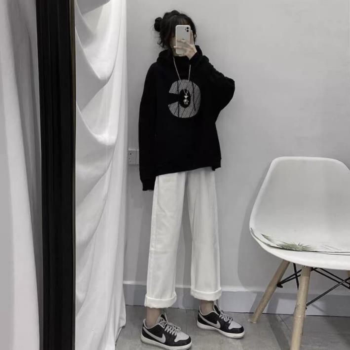 Quần Jean Ống Rộng GÀI EO Nữ Màu Trắng Kem Ulzzang Unisex mặc lên cực tôn dáng