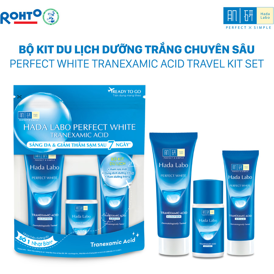 Bộ travel size dưỡng trắng Hada Labo Perfect White Tranexamic Acid Travel Set (Kem rửa mặt 15g+Dung dịch dưỡng 20ml+Kem dưỡng 12g)