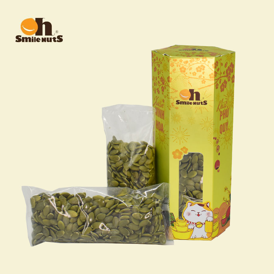 Nhân Hạt Bí Xanh Smile Nuts hộp 160g _ Nhân bí xanh đã nướng nguyên vị, hàng nhập khẩu 100%_ Quà tết hộp lục giác Xuân Quý Mão 2023