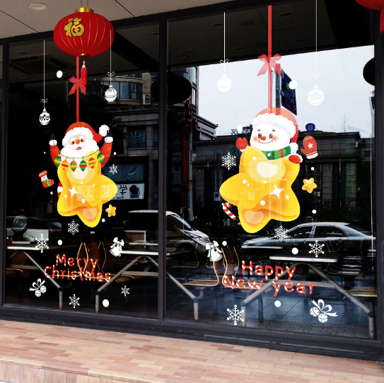 Decal trang trí Noel - Người tuyết và ông già Noel trên ngôi sao
