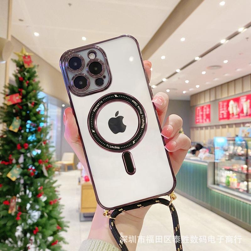 Ưu đãi đặc biệt đơn giản và trong suốt cho iPhone13/14promax mạ điện hút từ tính dây buộc chéo Apple 12 vỏ điện thoại di động thủy triều
