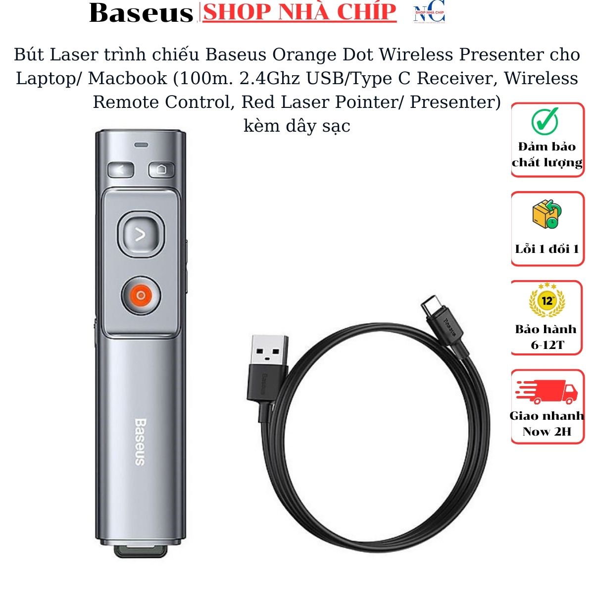 Bút Laser trình chiếu Baseus Orange Dot Wireless Presenter cho Laptop/ Macbook (100m. 2.4Ghz USB/Type C Receiver, Wireless Remote Control, Red Laser Pointer/ Presenter) kèm dây sạc- Hàng chính hãng