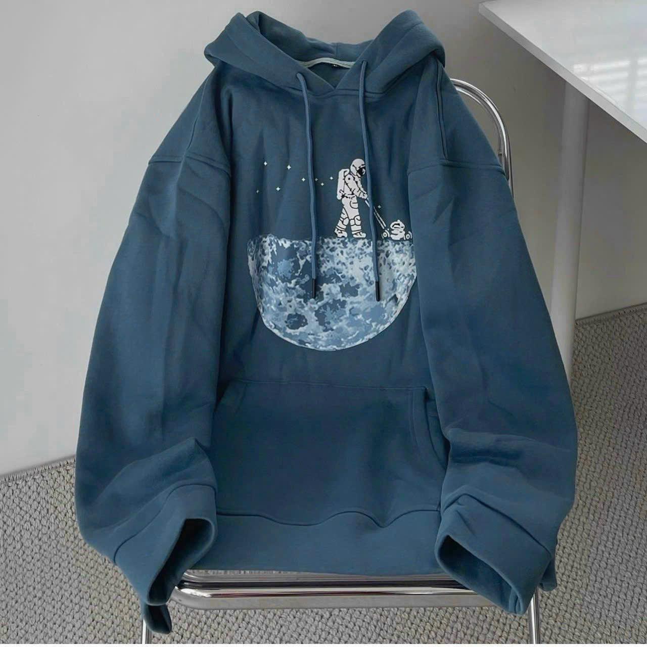 [FREESHIP] Áo Hoodie Nỉ Phối Dáng Form Rộng Áo In Mặt Trăng Bao Sắc Nét Unisex HTM FASHION - Xanh