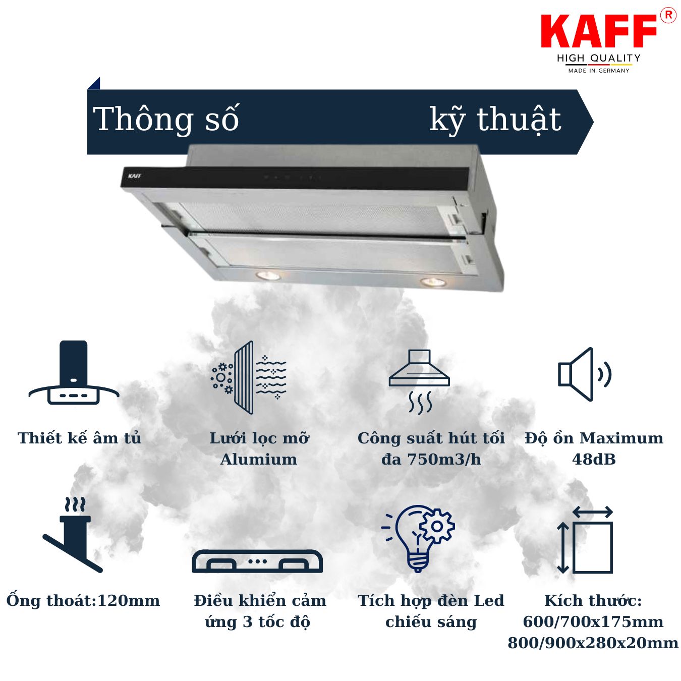 Máy hút mùi âm tủ inox phối kính cảm ứng 800mm KAFF KF_TL800 Tặng bộ lọc than thay thế _ Hàng Chính Hãng