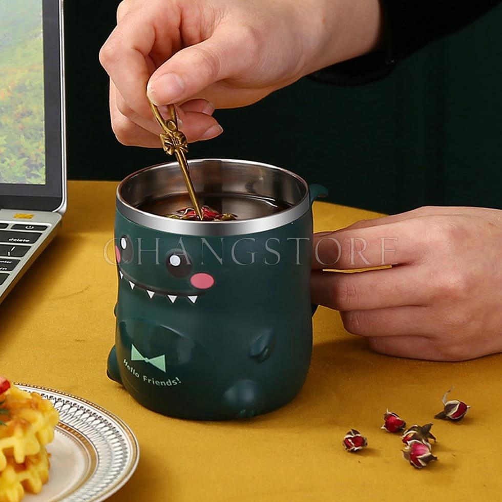 Ly Giữ Nhiệt Inox Hình Khủng Long, Cốc Giữ Nhiệt Siêu Cute Tặng Kèm ống Hút