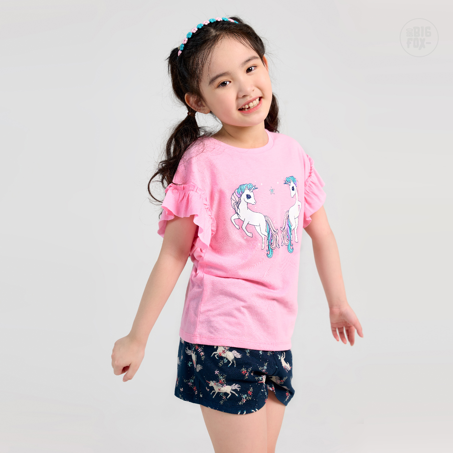 Bộ Đồ Bé Gái Size Đại Bigfox Miss Meow Mùa Hè Kiểu Hàn Quốc Vải Cotton Mềm Mại In Ngựa Hồng Dễ Thương Size Trẻ Em 3-11 Tuổi 30kg 40kg