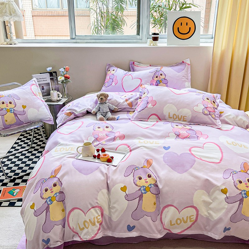 Bộ chăn ga gối poly new : thỏ tim tím 4 món Polycotton