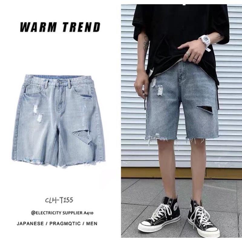 Quần short jean xanh, Quần Bò Lững rách gối Unisex nam nữ_ Hình thật kèm clip