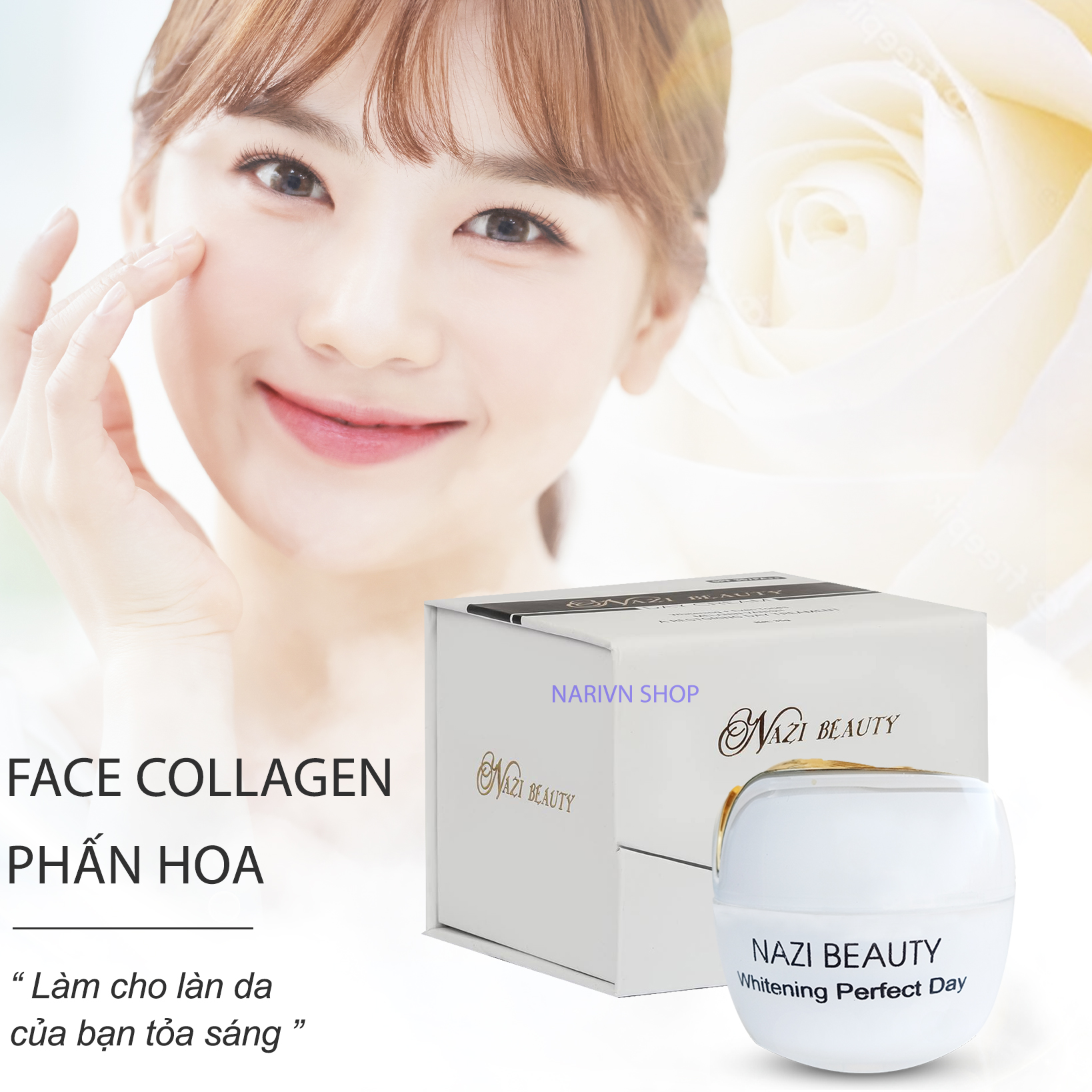 Kem Face Collagen phấn hoa Nari giúp da đều màu căng sáng mịn màng khỏe mạnh từ sâu bên trong giảm nếp nhăn tăng đàn hồi cho da đạt chuẩn GMP hũ 35g