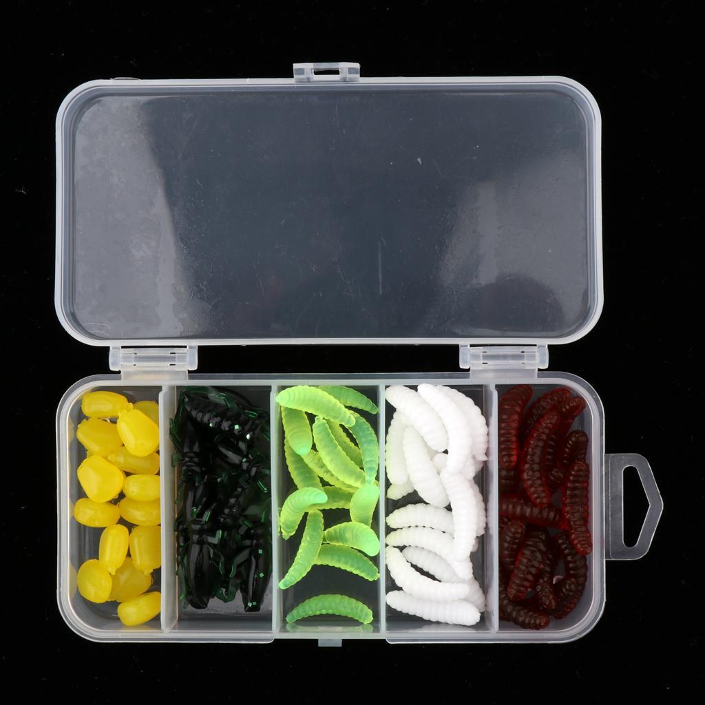 70pcs Soft Fishing Lures Set Grub Worm, Insects, Corn Niblet, Artificial Bait with Small Box