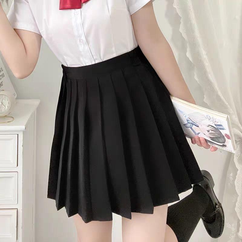 DONGSHOP Váy nửa người xuân thu, váy xếp nếp, váy chữ A, váy ngắn thắt lưng, váy dài trung bình.