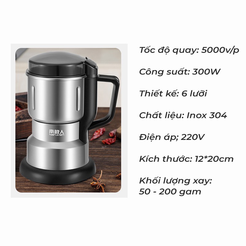 Máy Xay Hạt Khô Tiêu Chuẩn Châu Âu Máy Xay Ngũ Cốc Mini Công Suất 300w Lưỡi Dao 6 Cánh Thân Máy Bằng Thép Không Gỉ - Hàng Loại 1 - Chính Hãng MINIIN