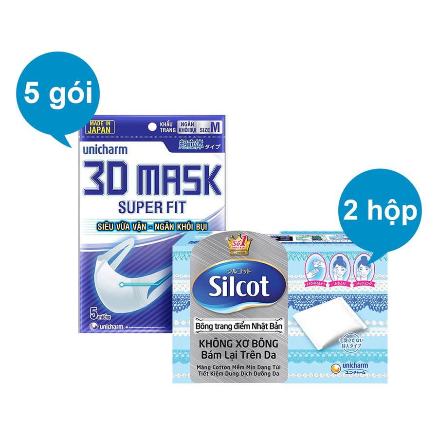 Combo Ngăn Bụi Toàn Diện Gồm 2 Hộp Silcot Bông Trang Điểm (bông tẩy trang) Nhật Bản + 5 Gói Khẩu Trang Ngăn Khói Bụi Unicharm 3D Mask Super Fit