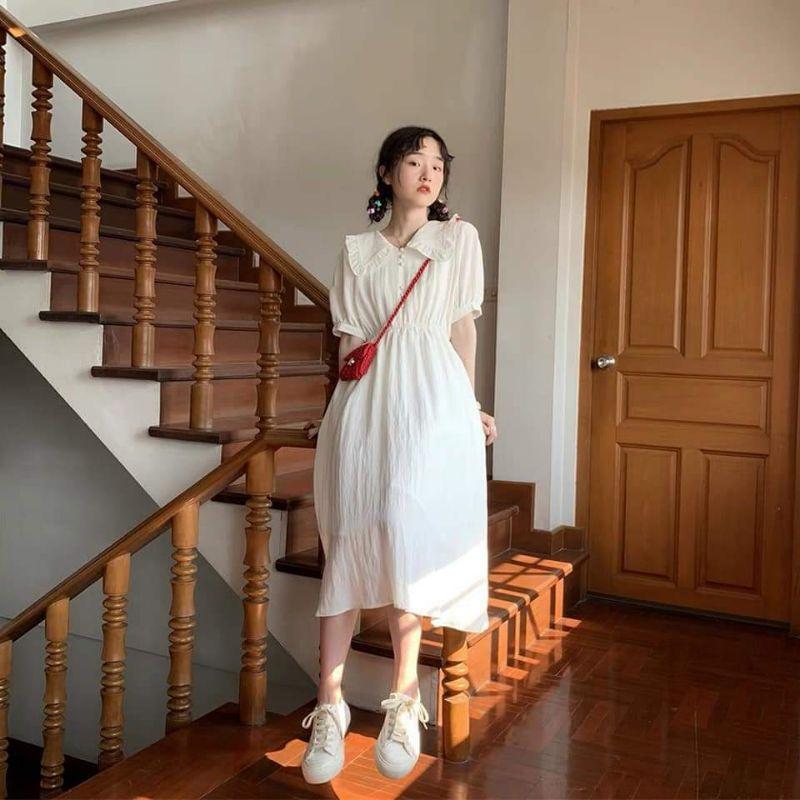 ĐẦM TIỂU THƯ DÁNG MIDI CỔ VIỀN BÈO XIN XẮN