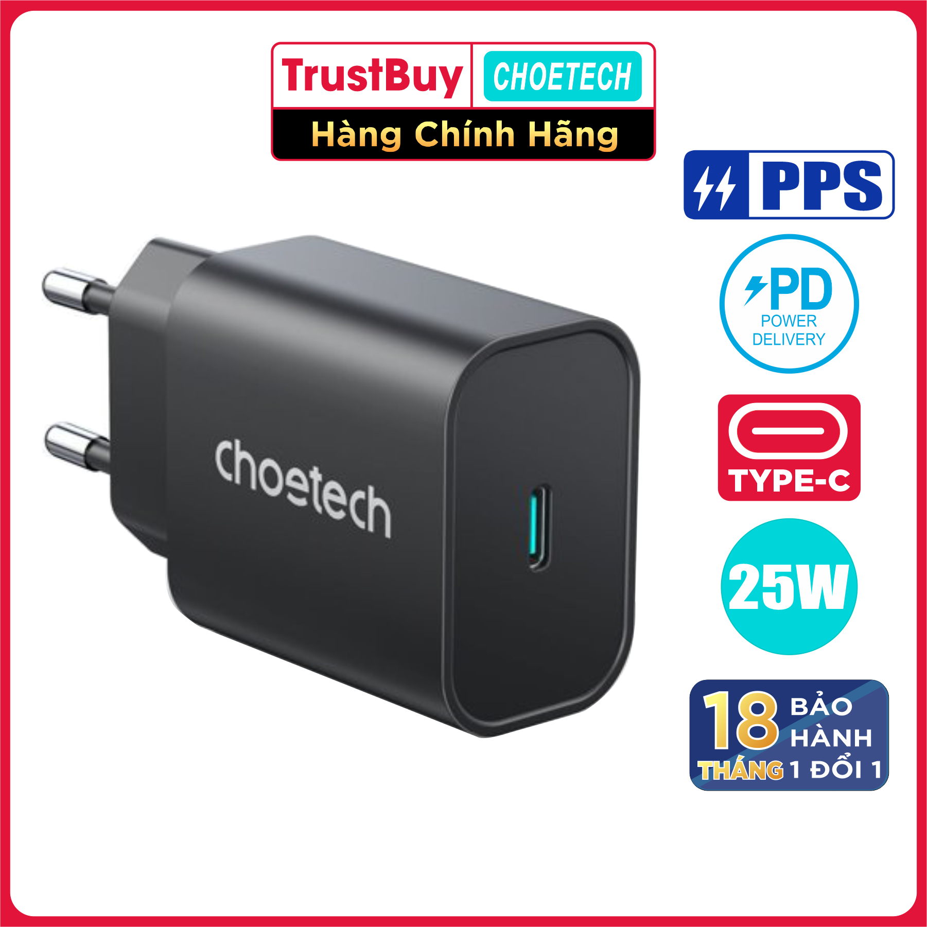 Adapter Củ Sạc Nhanh Type C 25W PPS PD3.0 CHOETECH PD6003 Sạc Nhanh iPhone, iPad Samsung, Vivo, Xiaomi, Oppo - Hàng Chính Hãng