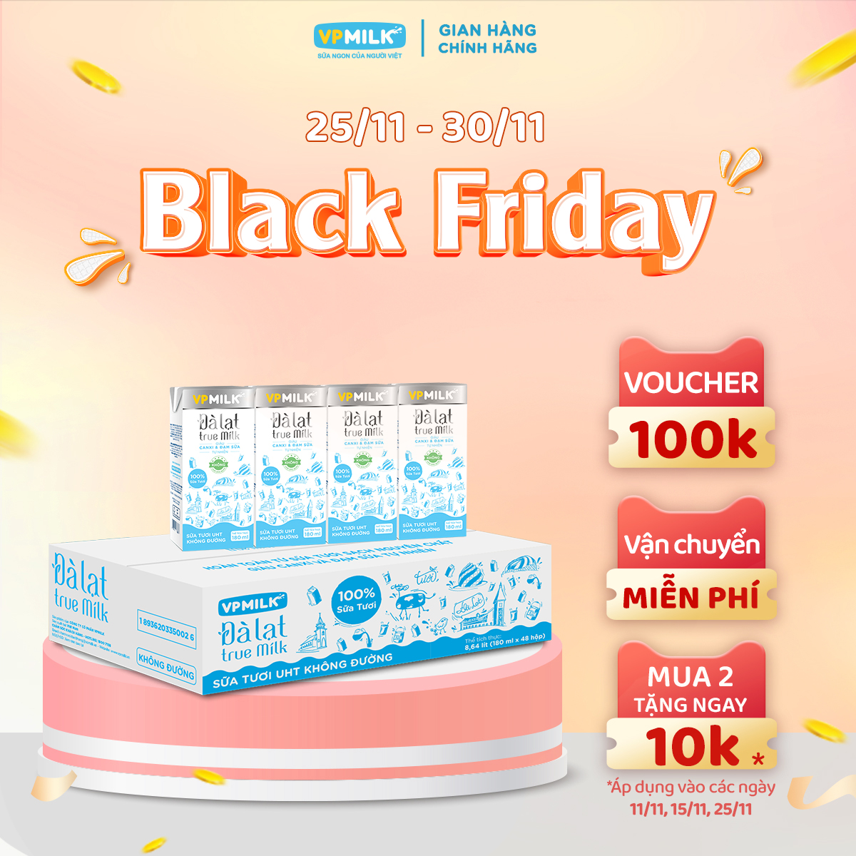 Sữa Tươi Uht Đà Lạt True Milk Không Đường 180Ml Thùng 48 Hộp - Không Đường