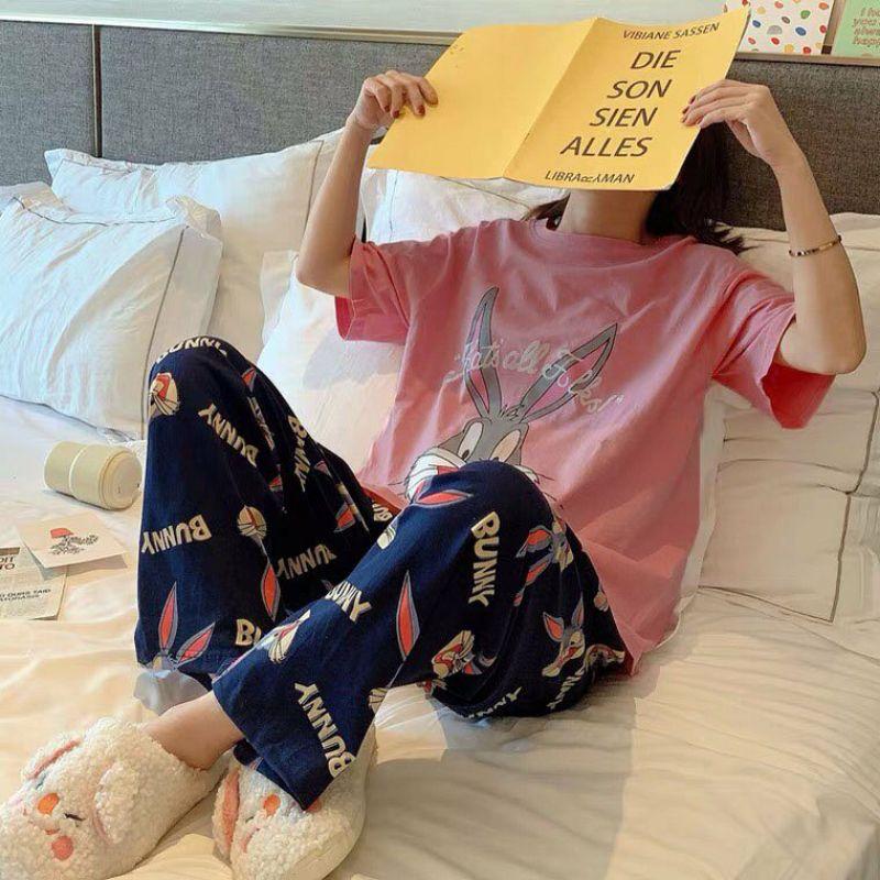 Đồ Bộ Ngủ Thun Quần Dài , Sét Bộ Mặc Nhà Hàng Quảng Châu, Hoạt Hình chú thỏ Đồ bộ nữ, đồ bộ đồ mặc nhà, quần áo nữ bộ lửng cotton hình dễ thương DN02