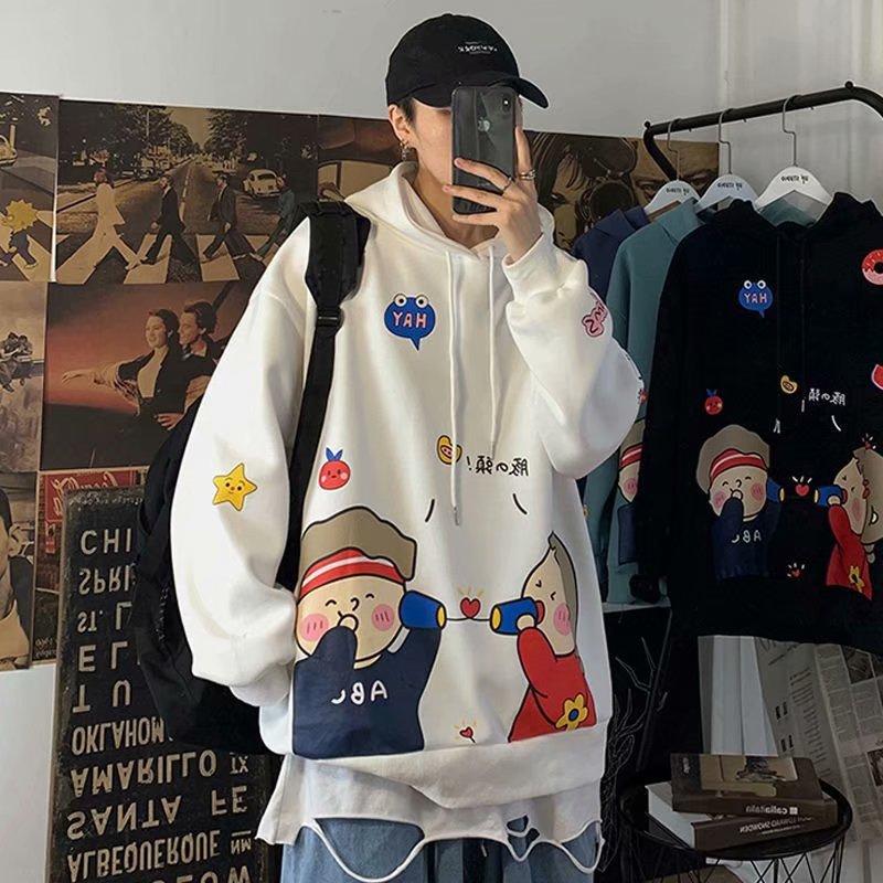 Áo hoodie tay dài dáng rộng in hình hoạt hình gồm 4 màu sắc