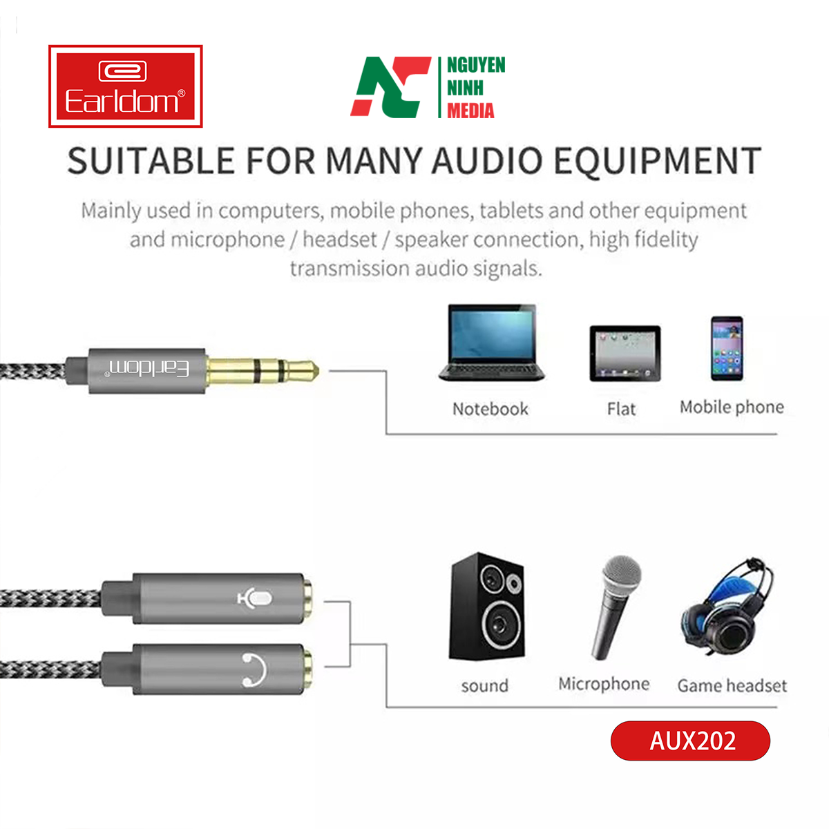 Cáp Chia Audio 3.5mm ra 2 đầu 3.5mm Loa và Mic Earldom AUX202 (Màu Ngẫu Nhiên) - Hàng Chính Hãng