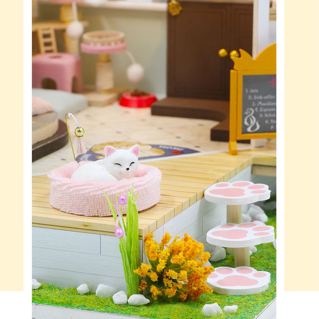 DIY Creative Dollhouse Cat Coffee Shop Kit LED Light Wooden 3D Puzzles