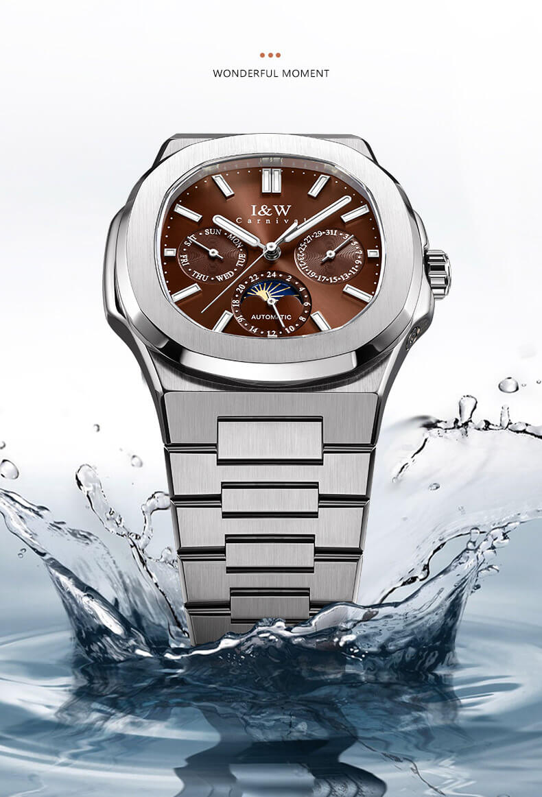 Đồng hồ nam chính hãng I&W CARNIVAL 55886G-4 mặt nâu size mặt 42mm,kính sapphire ,chống nước 50m,dây thép không gỉ