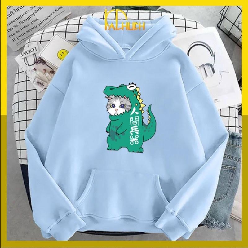 Áo hoodie in mèo khủng long vải nỉ nón 2 lớp dày dặn cho cả nam nữ