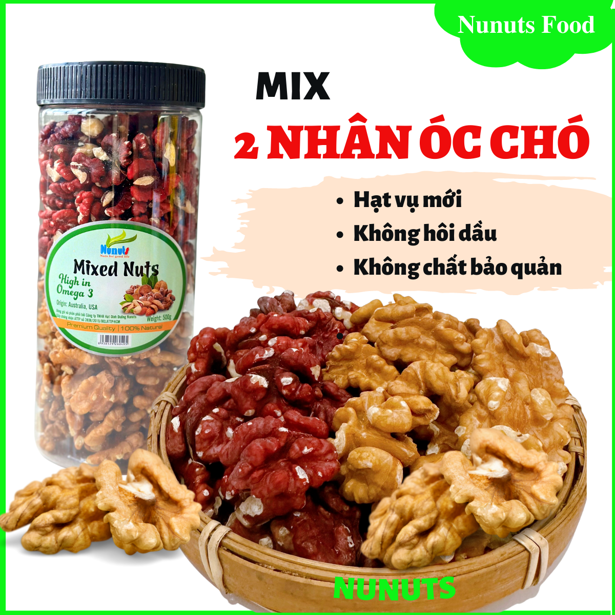 Mix hạt dinh dưỡng gồm 2 loại óc chó đã tách vỏ Mỹ có loại làm sữa, sấy giòn và nướng mật ong Nunuts