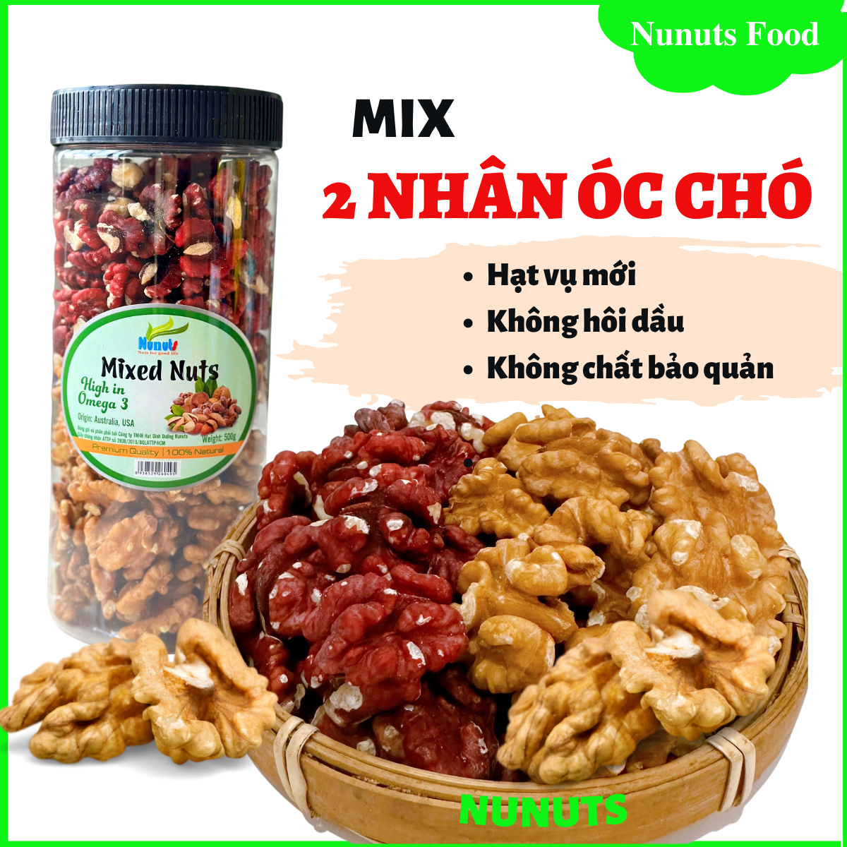 Mix hạt dinh dưỡng gồm 2 loại óc chó đã tách vỏ Mỹ ( óc chó đỏ, óc chó vàng) có loại làm sữa, sấy giòn và nướng mật ong Nunuts