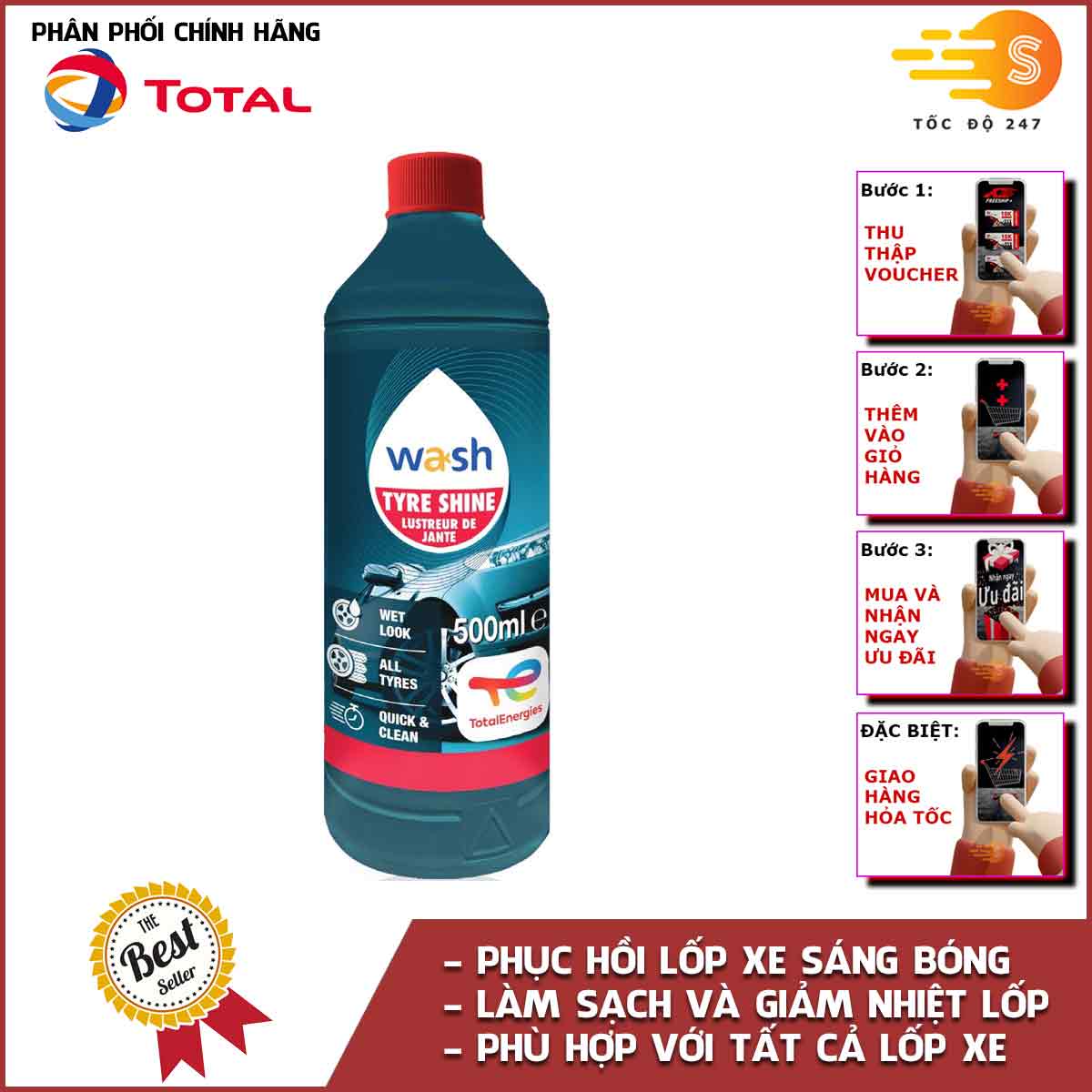 Dung dịch đánh bóng và bảo dưỡng lốp ô tô Total Energies TE-TS500 500ml - Giảm nhiệt độ lốp xe, chống lão hóa, nứt nẻ, phục hồi màu đen lốp xe