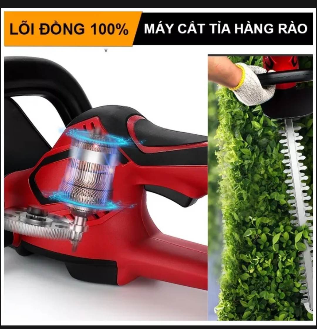 Máy cắt tỉa hàng rào cây cảnh 119V, công suất 1800W, động cơ lõi đồng 100%, máy tỉa cây cảnh dùng pin 119V, chân pin phổ thông, máy cắt tỉa hàng rào chiều dài lưỡi 54cm, Tốc độ lưỡi cắt 1200 rpm.