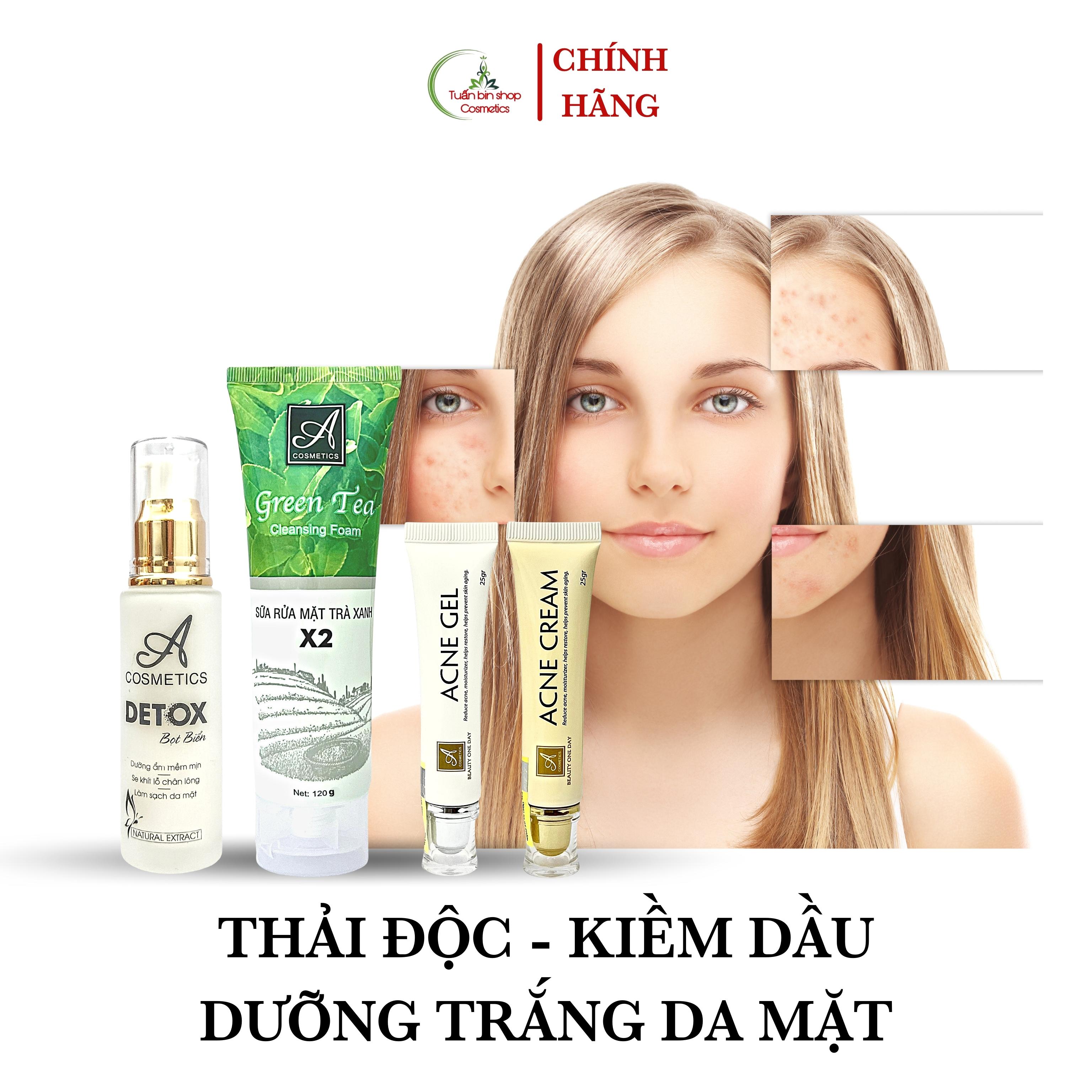 Combo kem giảm mụn, thải độc da, kiềm dầu Acosmetics, kem giảm mụn siêu tốc, detox bọt biển, sữa rửa mặt trà xanh x2 220g